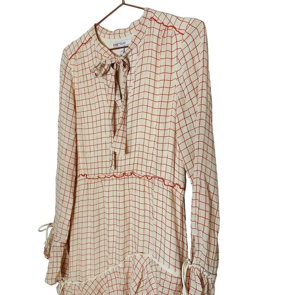 DEREK LAM 10 Crosby Cream Red Tiered Windowpane Asymmetrical Ruffle Dress Size 8 - Picture 4 of 14
